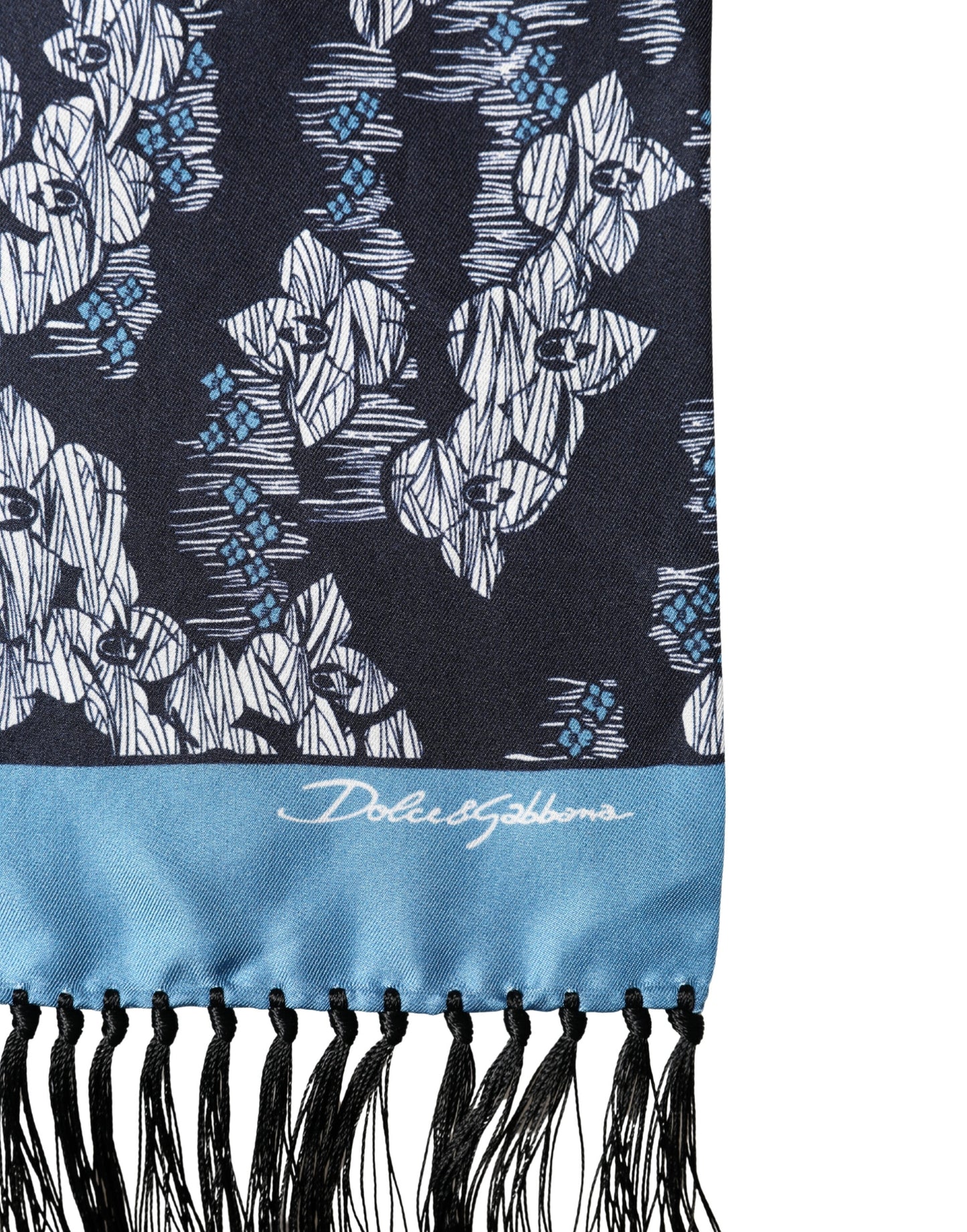 Dolce & Gabbana Black Blue Silk Floral Pattern Fringe 140cm x 16cm Scarf