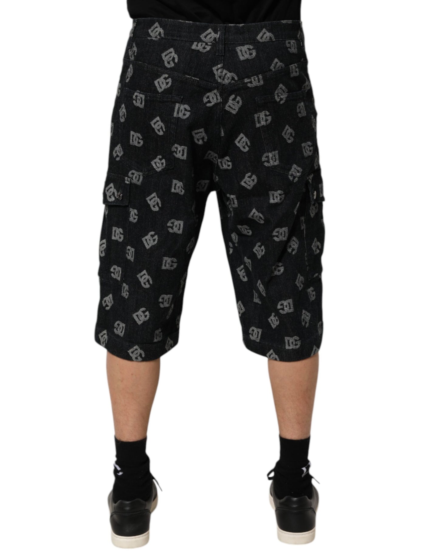 Dolce & Gabbana Black Monogram Denim Cargo Men Bermuda Short