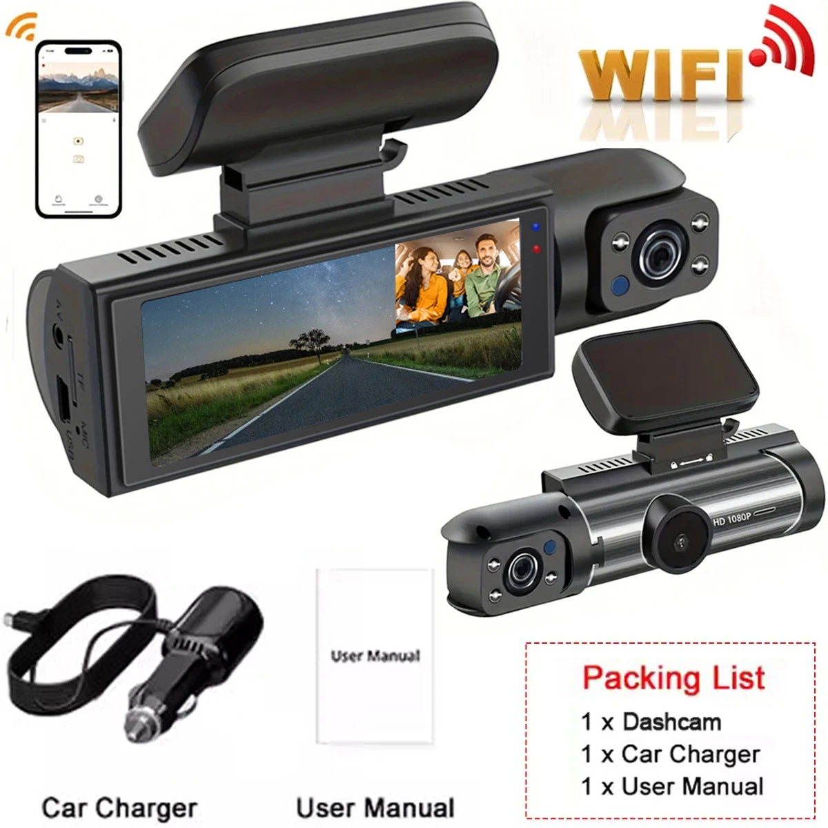 Caméra de tableau de bord pour voitures 1080P, enregistreur vidéo DVR, double caméra de voiture, vue avant et intérieure, enregistrement en boucle, moniteur WiFi Dashcam