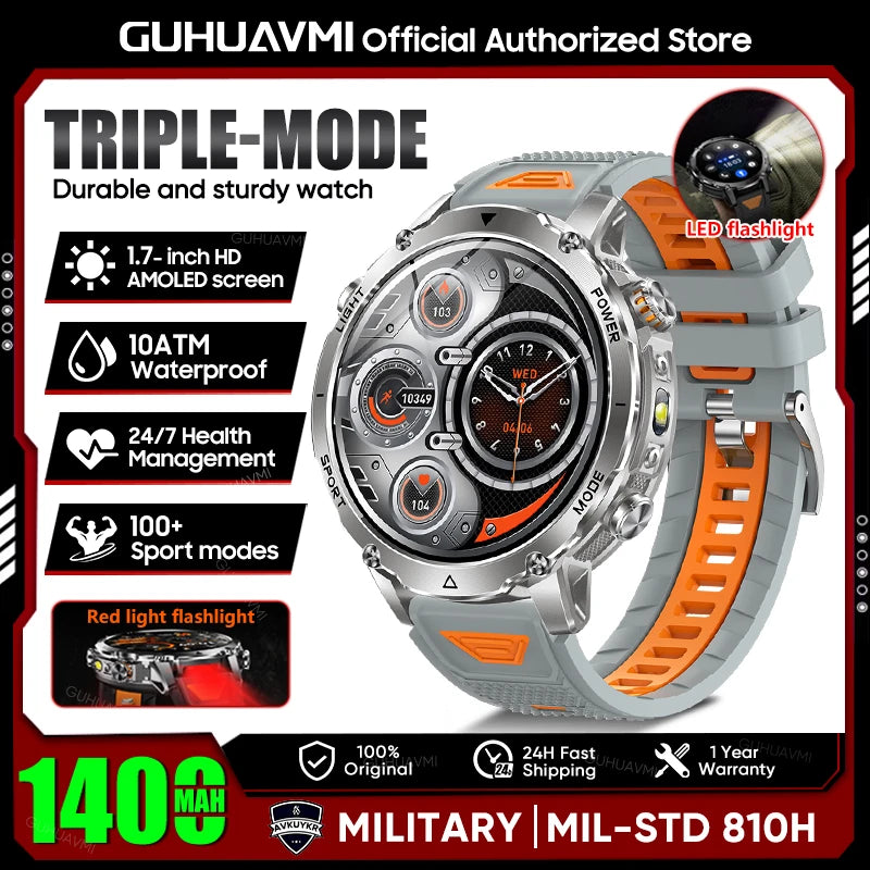 Smartwatch Militaire GUHUAVMI 2026 – Écran AMOLED 1,7", Batterie 1400mAh, GPS, Appel Bluetooth