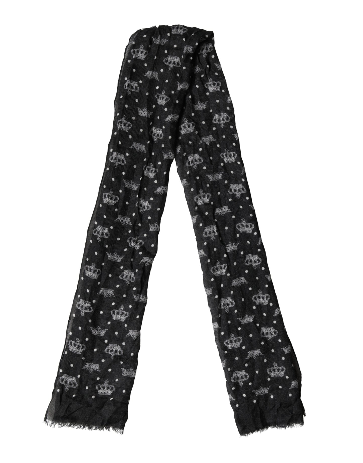 Dolce & Gabbana Black Wool Crown Print Fringe Neck Wrap 180cm x 65cm Scarf