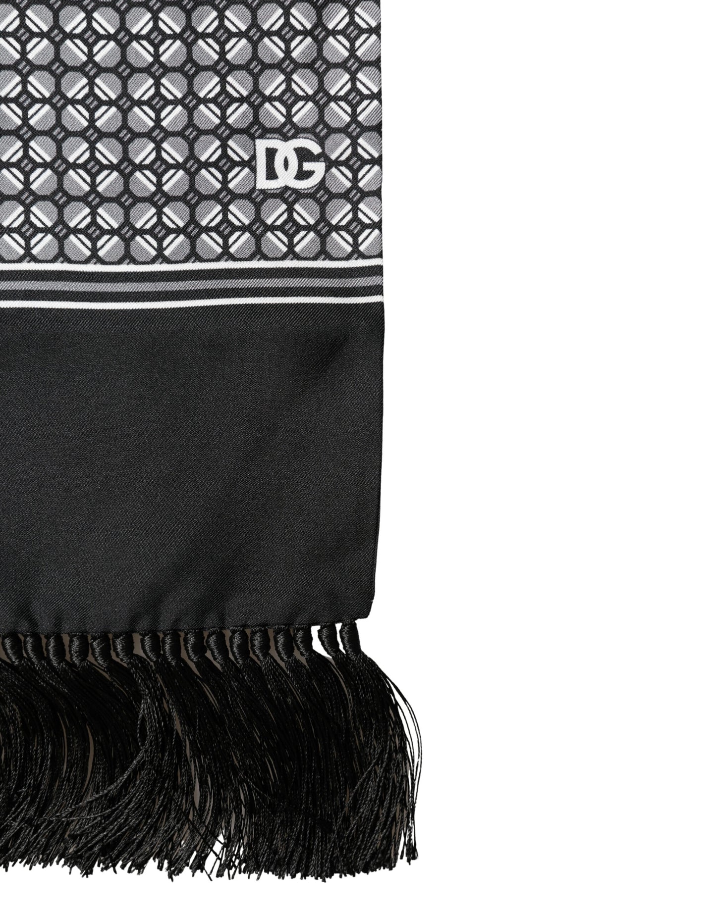 Dolce & Gabbana Black Silk Geometric Fringed Foulard 140cm x 15cm Scarf
