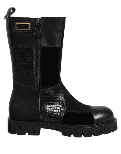 Black Patchwork Leather Mid Calf Boots Shoes