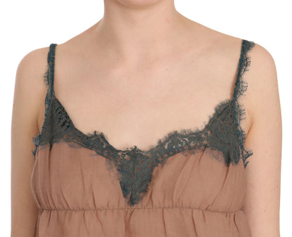 PINK MEMORIES Brown Lace Spaghetti Strap Tank Top Blouse