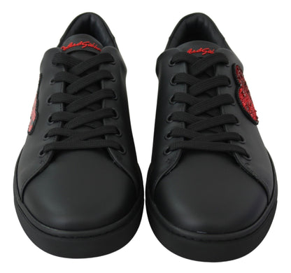 Dolce & Gabbana Black Leather Love Heart Sneakers Womens Shoes