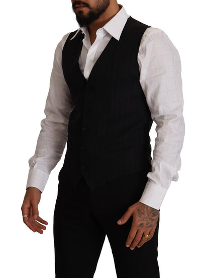 Dolce & Gabbana Blue Striped Wool Stretch Waistcoat Vest