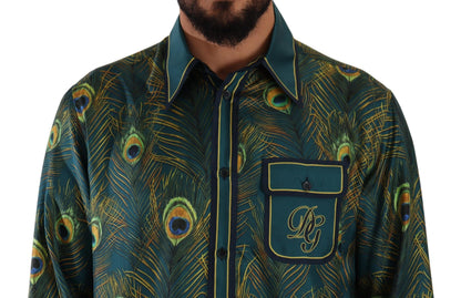 Dolce & Gabbana Peacock Feather Print Silk Pajama Mens Shirt