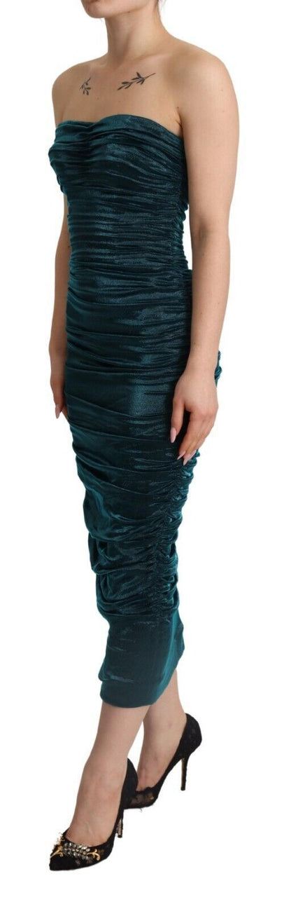 Dolce & Gabbana Turquoise Bustier Bodice Draped Midi Dress.