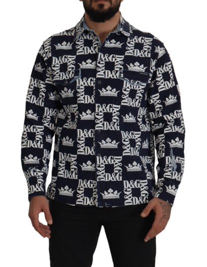 Dolce & Gabbana Blue Denim Stretch DG Crown Logo Casual Shirt