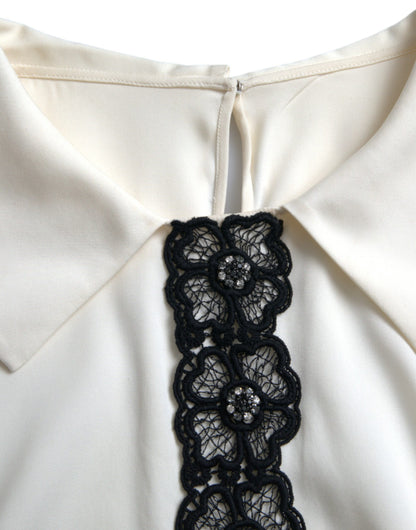 Dolce & Gabbana Off White Silk Lace Trim Short Sleeves Top