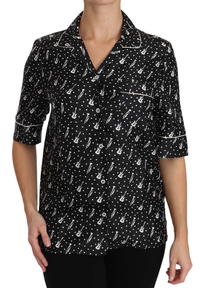 Dolce & Gabbana Black GuitarTrumpet Print Silk Shirt Top
