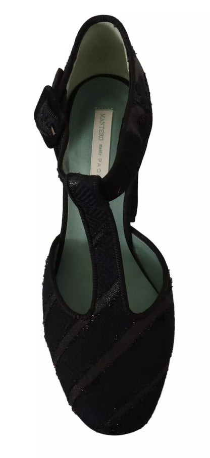 Paola D'Arcano Black Suede Leather Block Heels Sandals Shoes