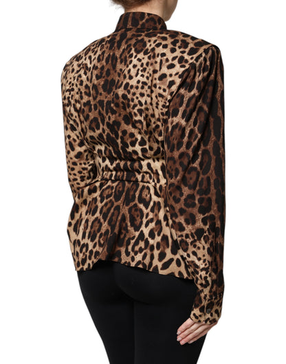 Brown Leopard Silk Button Down Coat Jacket