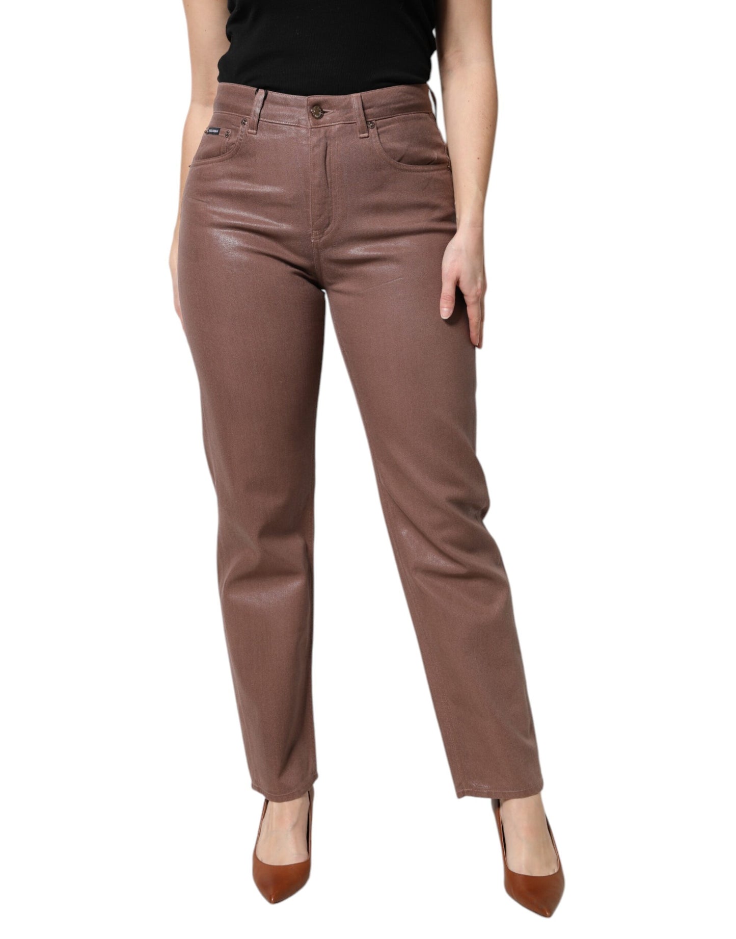 Dolce & Gabbana Brown Cotton High Waist Tapered Denim Jeans