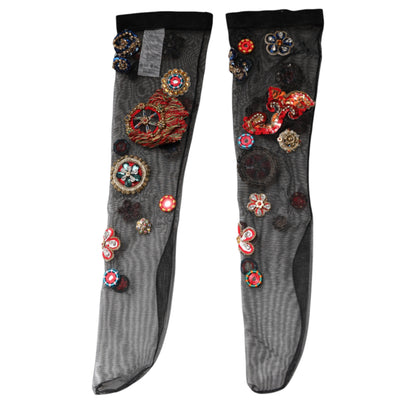 Dolce & Gabbana Black Stretch Carretto Crystal Stockings Socks