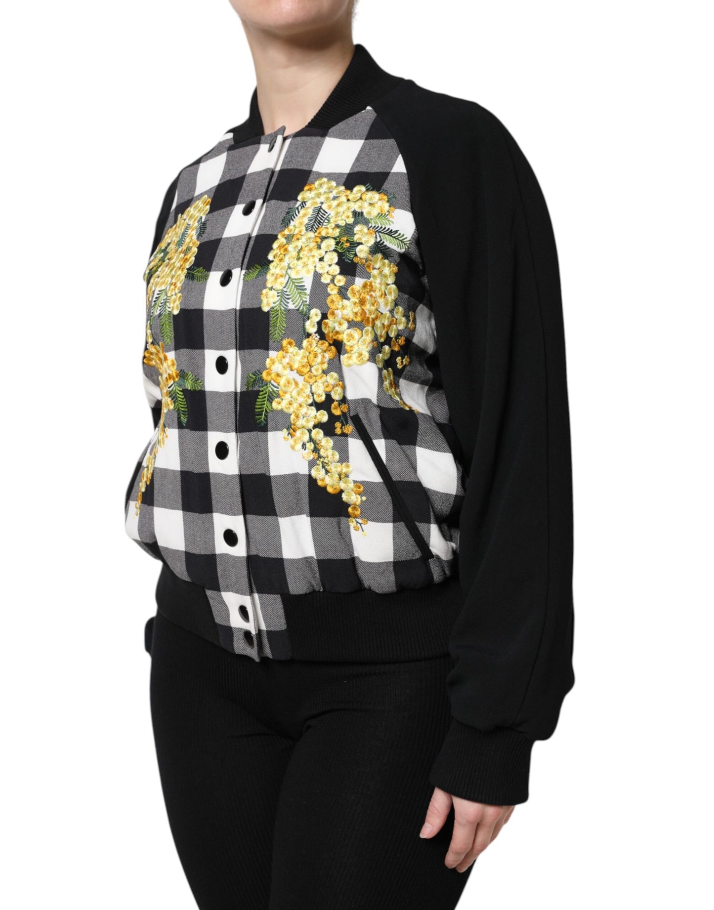 Black White Check Floral Button Down Jacket