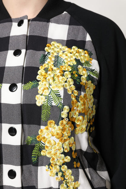 Black White Check Floral Button Down Jacket