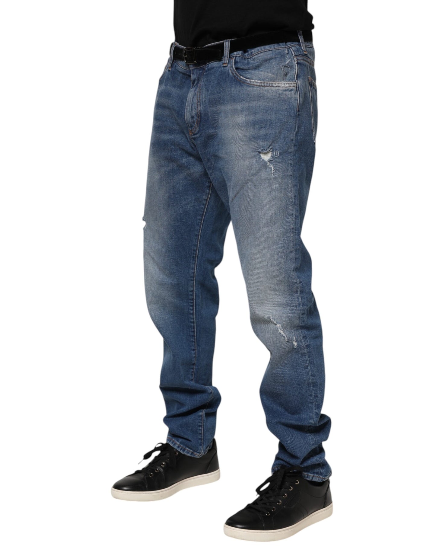 Dolce & Gabbana Blue Washed Cotton Logo Plaque Denim Jeans
