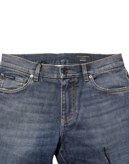 Dolce & Gabbana Blue Washed Skinny Logo Plaque Men Denim Jeans