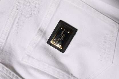 Dolce & Gabbana White Tattered Cotton High Waist Denim Jeans