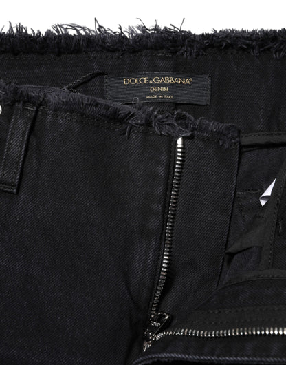 Dolce & Gabbana Black Cotton Tattered Mid Waist Denim Jeans