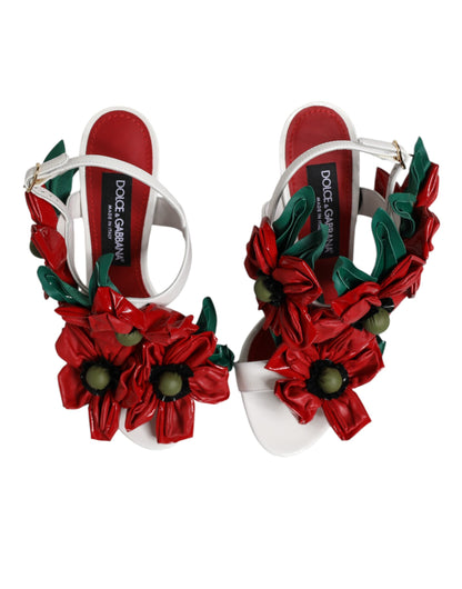 Dolce & Gabbana White Leather Floral Detailing Sandals Shoes