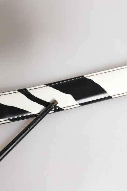 Dolce & Gabbana Black White Leather Silver Metal Buckle Belt
