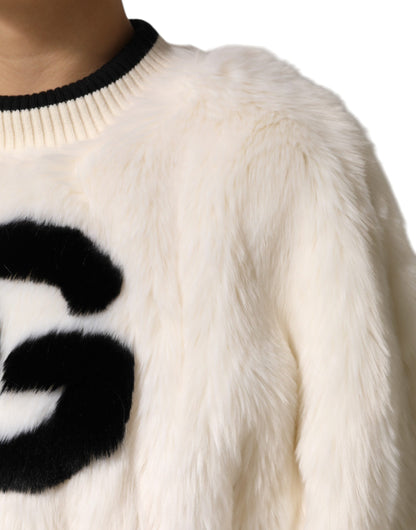White Cropped Faux Fur DG Sweatshirt Sweater