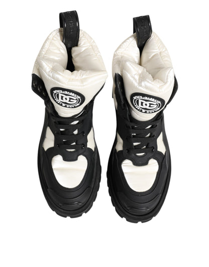 Dolce & Gabbana Black White Padded Lace Up Short Boots Shoes