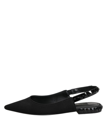 Dolce & Gabbana Black Crystal Charmeuse Slingback Shoes