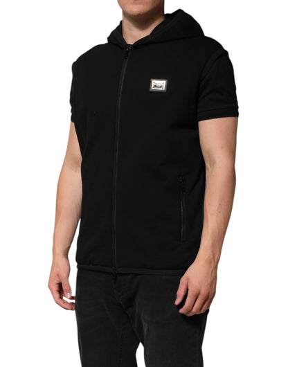 Dolce & Gabbana Black Sleeveless Hooded Logo Plaque Jacket