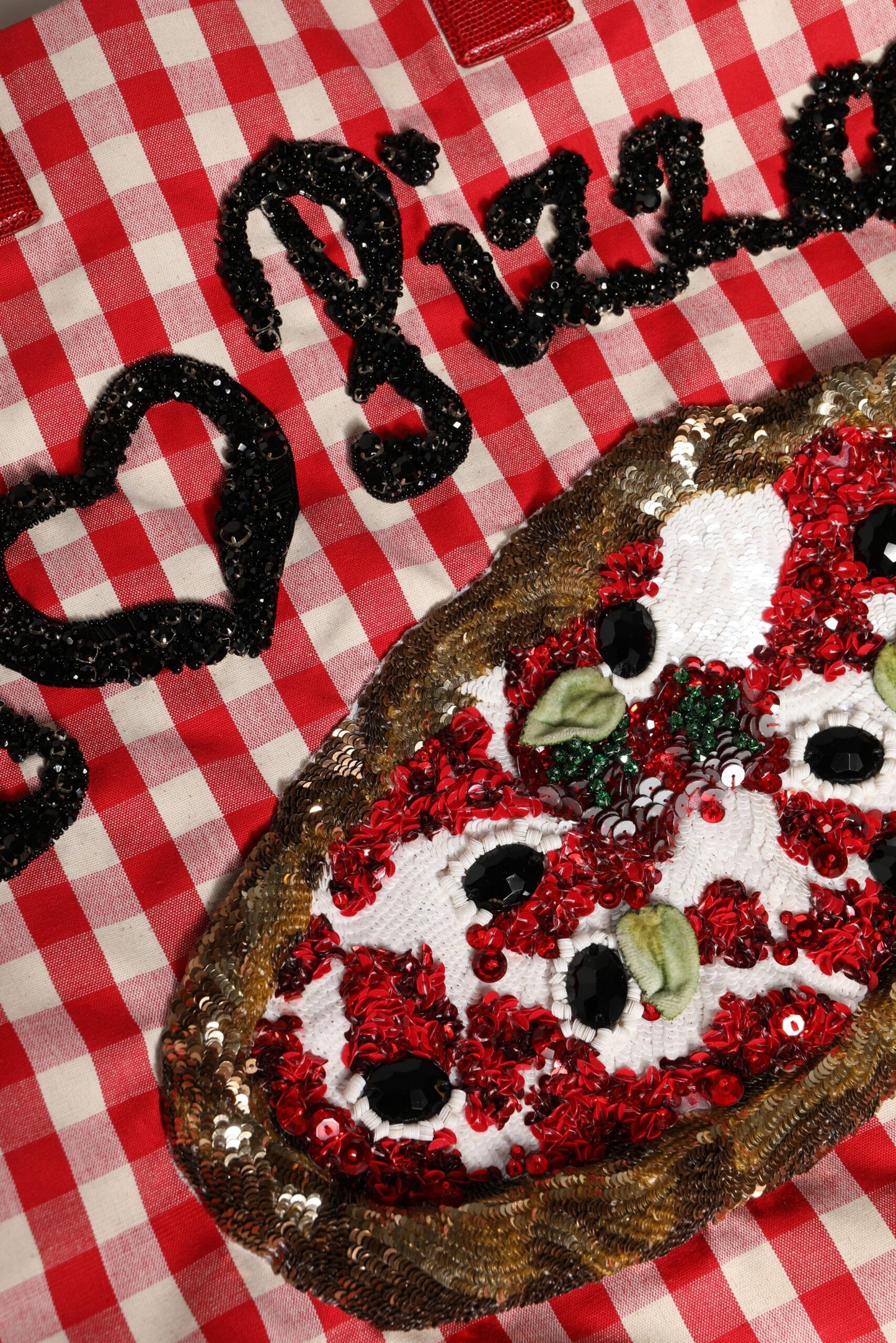 Dolce & Gabbana Red I Love Pizza Rhinestone Embellished Tote Bag