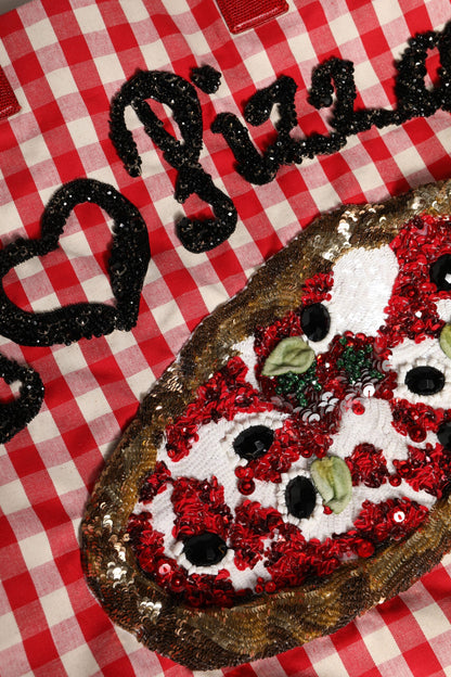 Dolce & Gabbana Red I Love Pizza Rhinestone Embellished Tote Bag