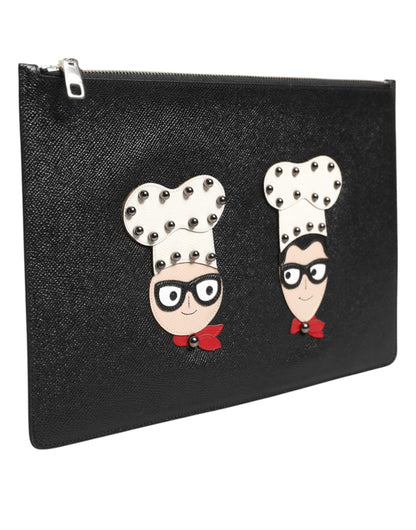 Dolce & Gabbana Black Leather #DGFAMILY Embellished Men Clutch Pouch Bag
