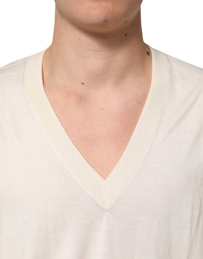 Dolce & Gabbana Ivory Virgin Wool Men V-Neck Knit Sweater
