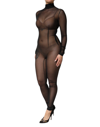 Dolce & Gabbana Black Sheer Mesh Long Sleeve Jumpsuit Bodysuit Dress
