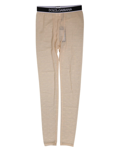Dolce & Gabbana Beige Nylon Logo Lace Leggings Pants Underwear