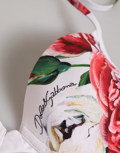 Dolce & Gabbana White Floral Print Halter Bikini Top Swimwear