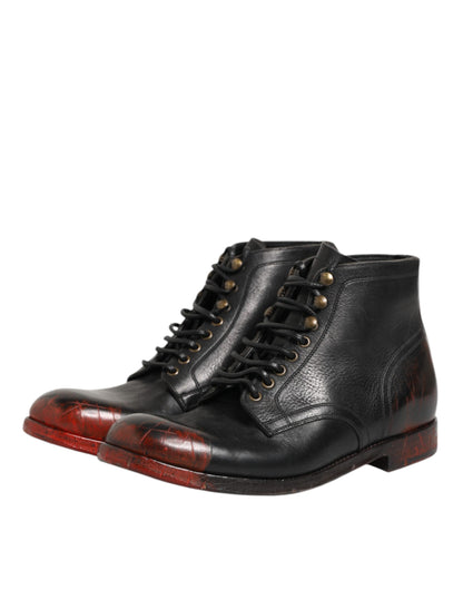 Dolce & Gabbana Black Red Lace Up Short Ankle Boot Shoes