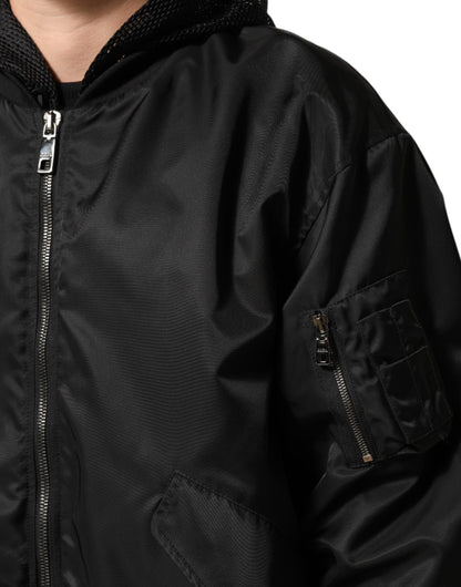 Dolce & Gabbana Black Nylon Hooded Full Zip Bomber Men Jacket