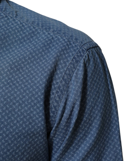 AGLINI Blue Cotton Slim Fit Collared Long Sleeve Casual Shirt