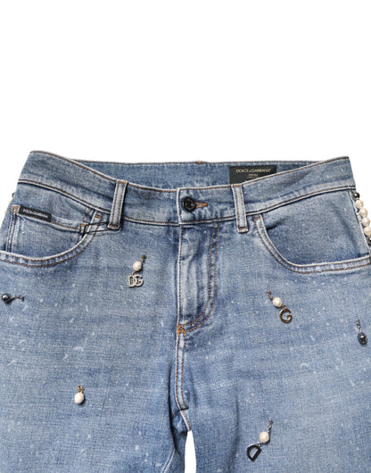 Dolce & Gabbana Blue Embellished Cotton Skinny Denim Jeans