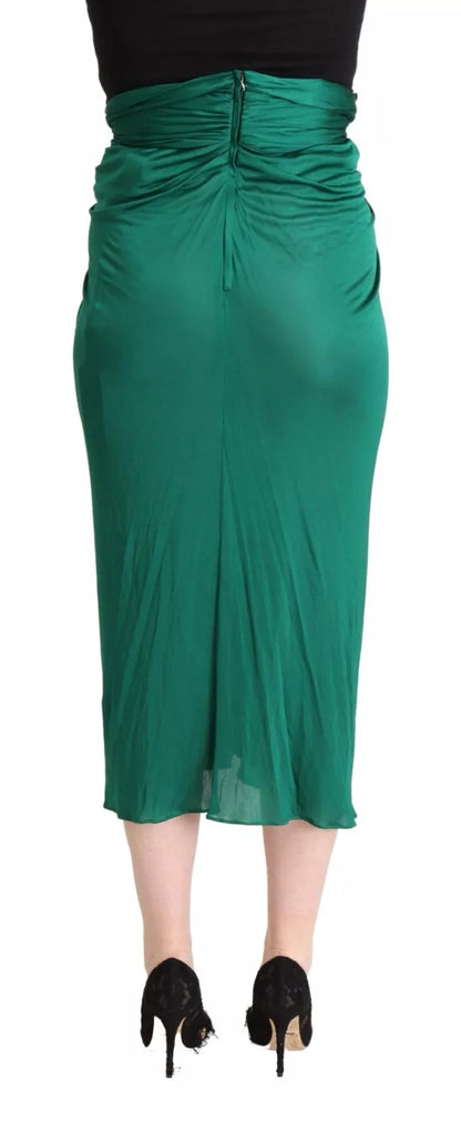 Dolce & Gabbana Dark Green High Waist Midi Skirt Pencil Cut Pleated