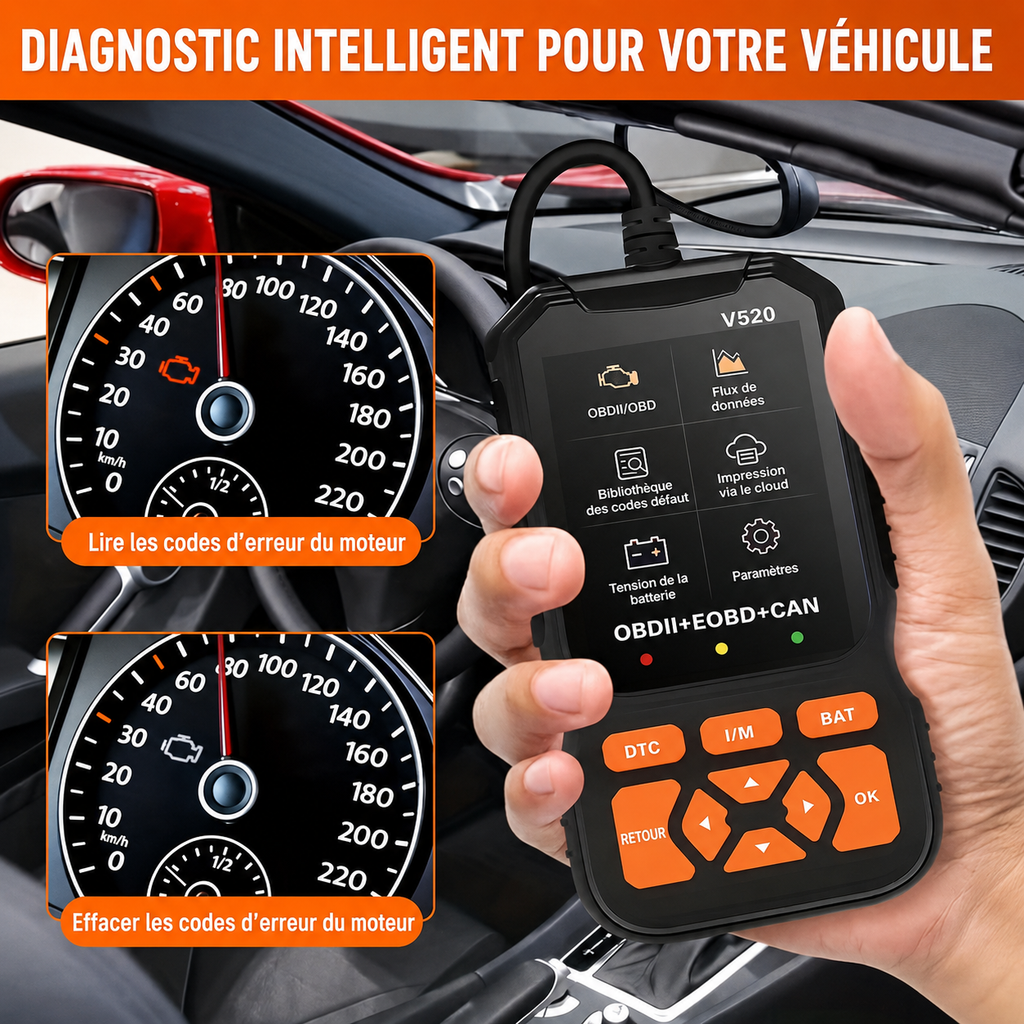 Valise Diagnostic Auto V520 OBD2/EOBD — Lecture & Effacement Codes Erreur, Testeur Batterie