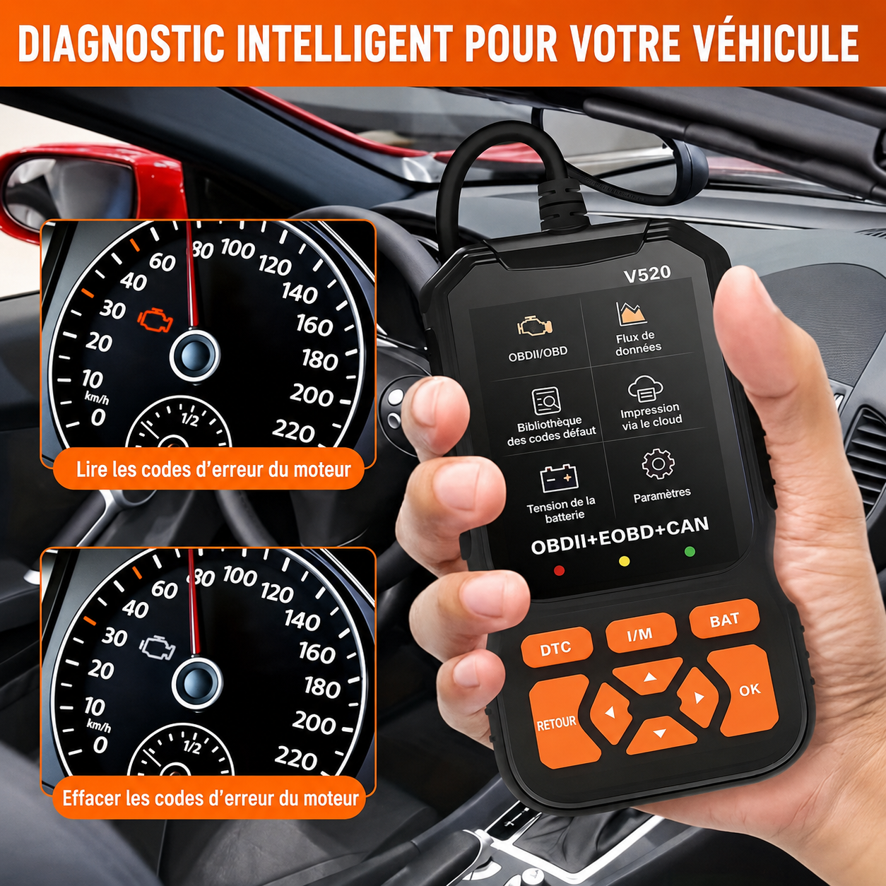 Valise Diagnostic Auto V520 OBD2/EOBD — Lecture & Effacement Codes Erreur, Testeur Batterie