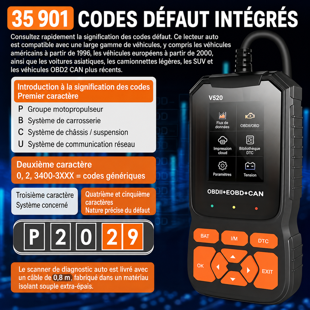 Valise Diagnostic Auto V520 OBD2/EOBD — Lecture & Effacement Codes Erreur, Testeur Batterie