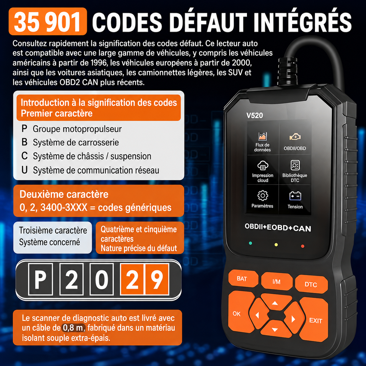 Valise Diagnostic Auto V520 OBD2/EOBD — Lecture & Effacement Codes Erreur, Testeur Batterie