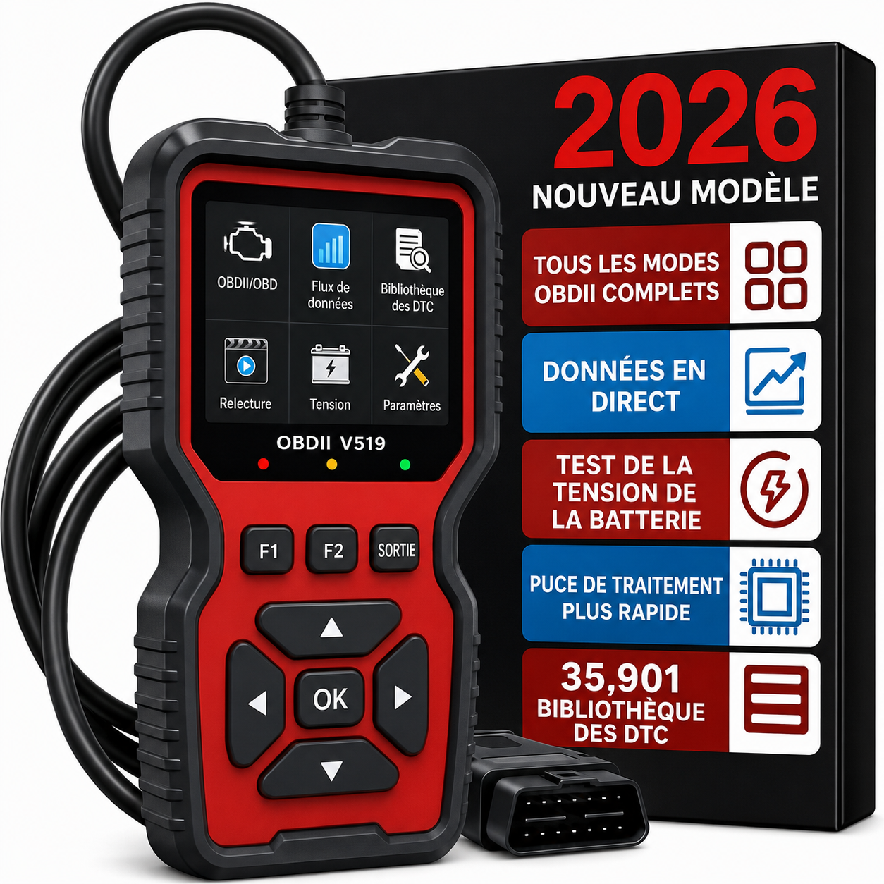 Scanner OBD2 professionnel V519 - Outil de diagnostic automobile alimenté par USB avec flux de données en temps réel, tests OBD II complets (I/M Ready, Bod2/Eobd), efface les voyants de panne du moteur, lit/efface les code