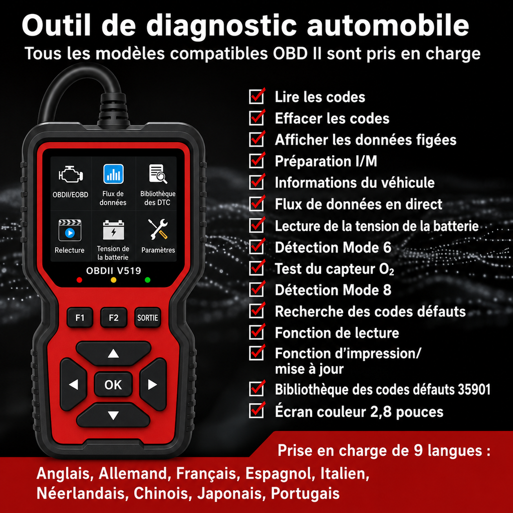 Scanner OBD2 professionnel V519 - Outil de diagnostic automobile alimenté par USB avec flux de données en temps réel, tests OBD II complets (I/M Ready, Bod2/Eobd), efface les voyants de panne du moteur, lit/efface les code