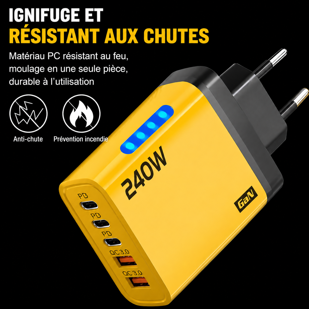 240W GaN Fast Charger with LED Light, 2 USB + 3 Type-C, 5-in-1 Multi-Port Phone Charger for iPhone, Samsung, Huawei, Xiaomi